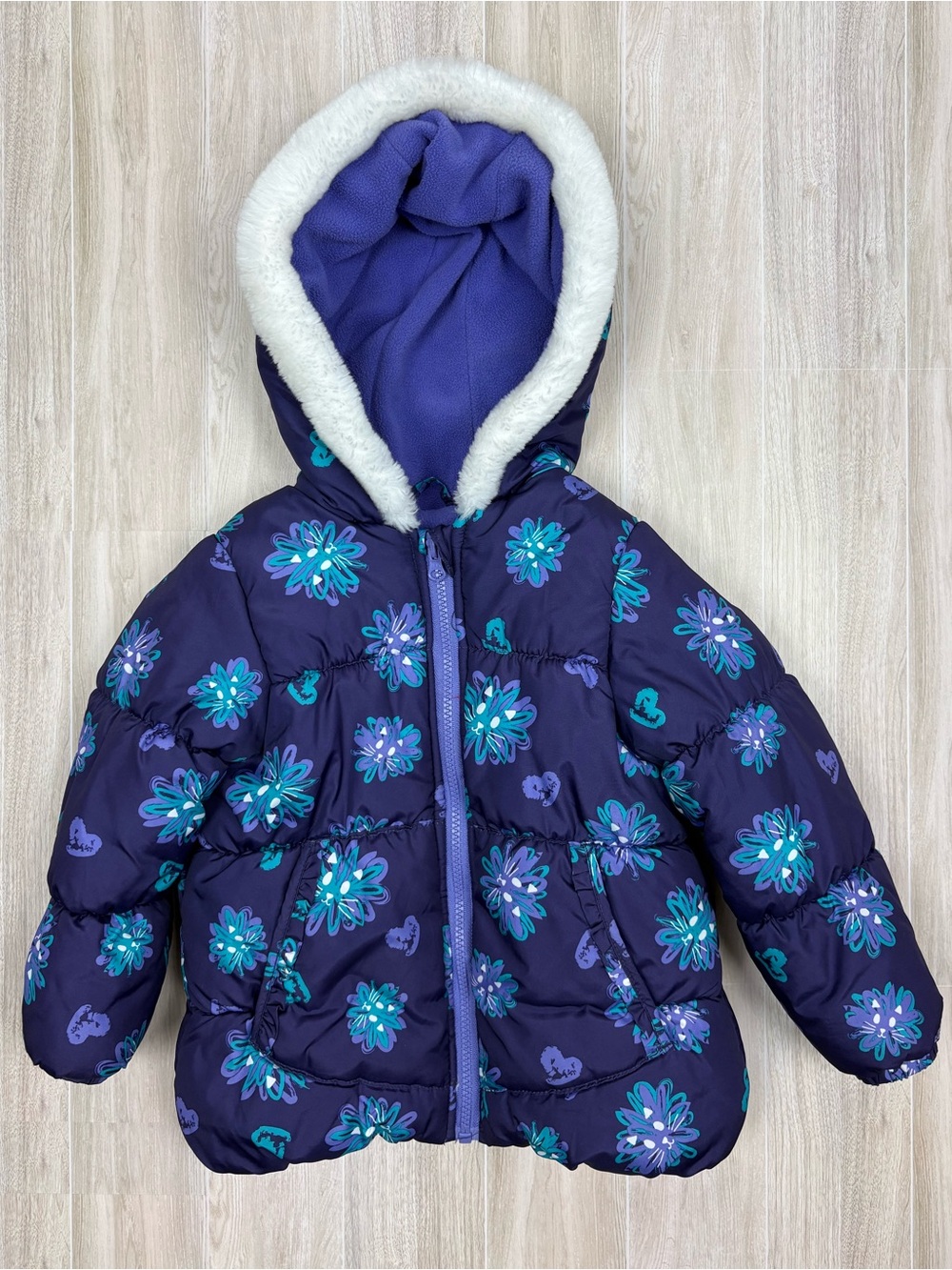 London Fog Purple & Teal Floral Fleece-Lined Jacket Size 4 EUC Front Pockets
